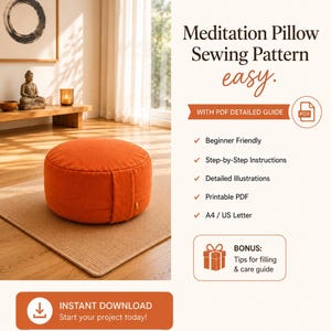 May include: An orange meditation pillow on a beige mat. The image includes text that reads "Meditation Pillow Sewing Pattern easy." Additional text states "Instant Download Start your project today!" and "With PDF Detailed Guide."