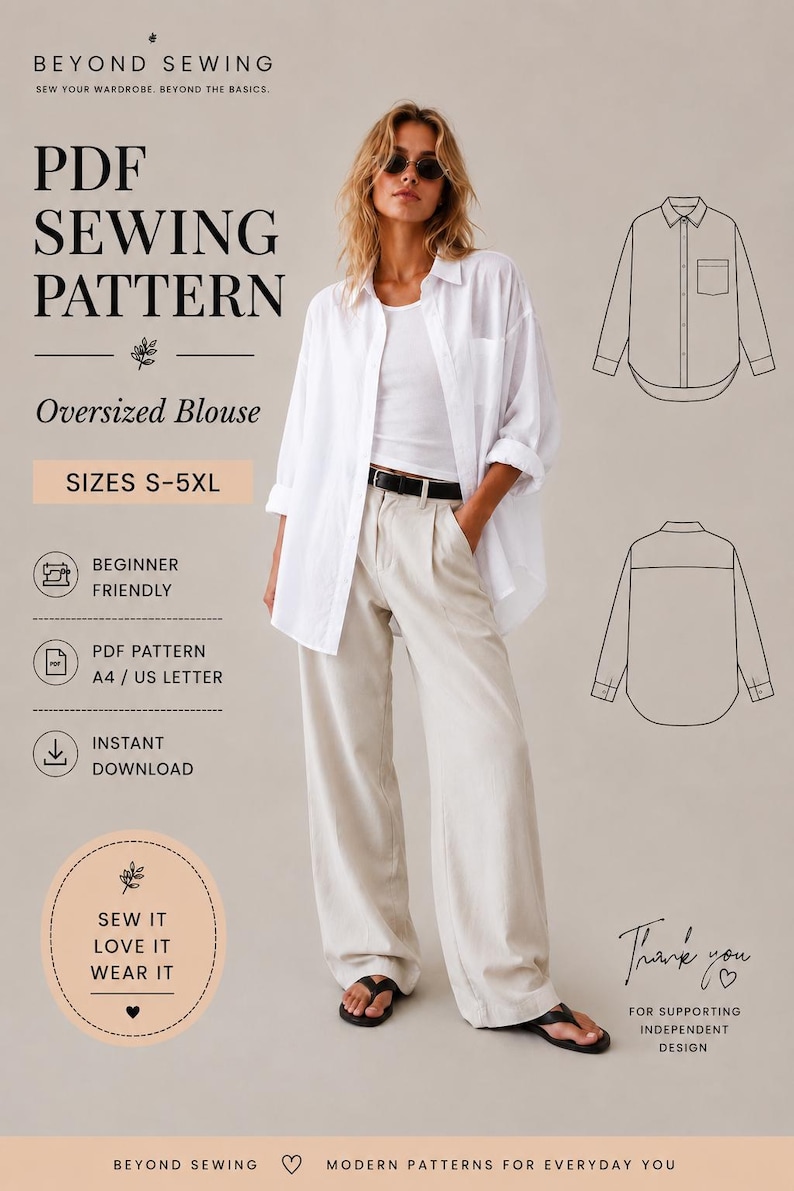 Oversized Shirt Blouse Sewing Pattern PDF Easy Shirt Pattern Women ...