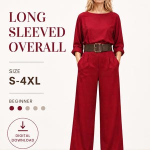 Puede incluir: Un mono de manga larga en color rojo oscuro con silueta de pierna ancha, escote barco y un cinturón de cuero marrón oscuro en la cintura. El texto dice: SEWING PATTERN BY BEYOND SEWING, LONG SLEEVED OVERALL, SIZE S-4XL, BEGINNER, DIGITAL DOWNLOAD.