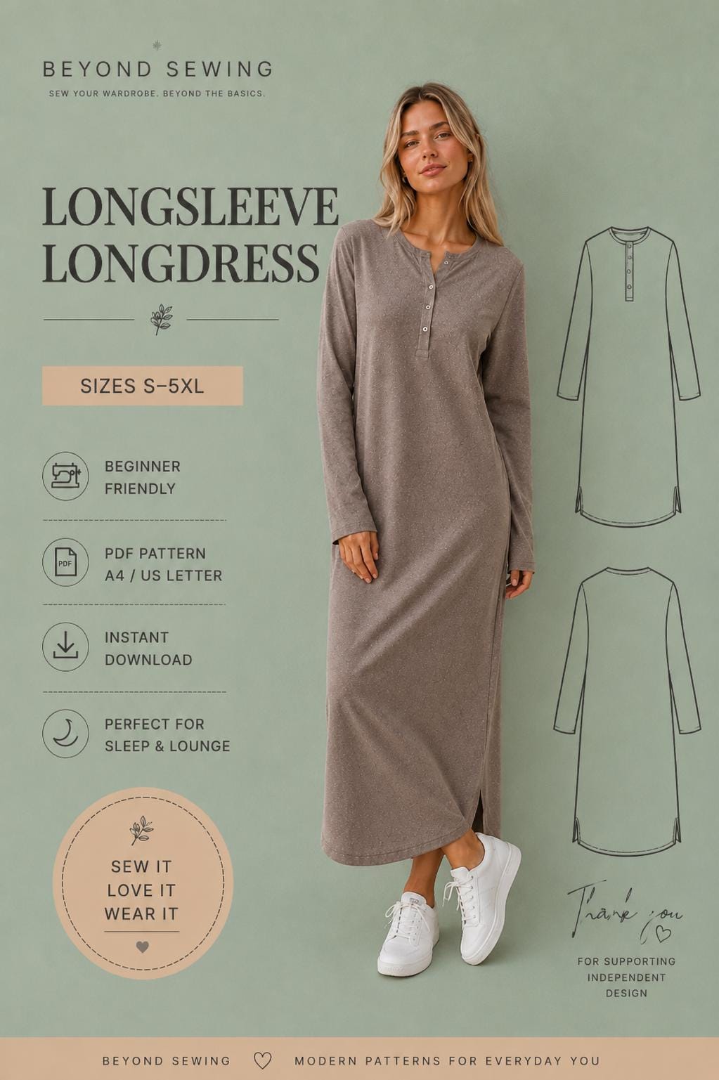 long sleeve jersey dress pattern Sewing PDF Women's Knit Maxi Dress Pattern Casual Everyday Dress Lounge Dress Nightgown Dress Sizes S–5XL date:2023-05-14-AU