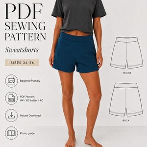 Könnte beinhalten: Ein PDF-Schnittmuster für Sweatshorts, Größen 34-56, mit dem Text: BEYOND SEWING, SEW IT. LOVE IT. WEAR IT. PDF SEWING PATTERN, Sweatshorts, SIZES 34-56, Beginnerfriendly, PDF Pattern A4 / US Letter / A0, Instant Download, Photo guide.