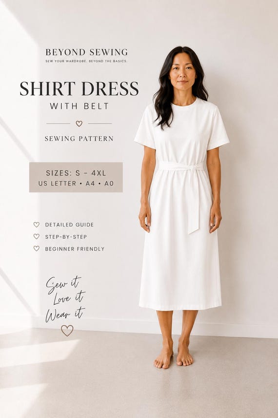 jersey knit dress patterns Belted T Shirt Midi Sewing Pattern, Minimalist Dress PDF, Oversized Side Slit Dress for Women knitted summer dress pattern