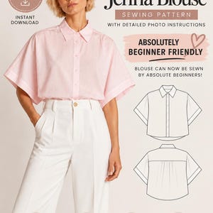 May include: A digital sewing pattern for the Jenna Blouse, featuring a light pink short-sleeved button-down shirt with a collar. The document includes technical line drawings of the front and back, size range EU 34-48, and instructions.
