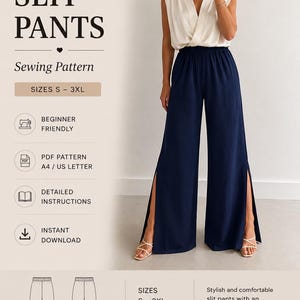 Puede incluir: Un patrón de costura digital para pantalones con aberturas de Beyond Sewing. El diseño presenta pantalones azul marino de pierna ancha con aberturas laterales y cintura elástica, combinados con un top blanco sin mangas. Tallas S-3XL, formato PDF.
