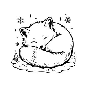 Puede incluir: Una ilustración de arte lineal en blanco y negro de un zorro acurrucado en una bola mientras duerme. El zorro está rodeado de varios copos de nieve y pequeñas estrellas de cuatro puntas. Una forma de cristal se sitúa cerca del zorro.