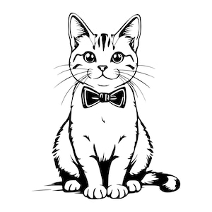 Puede incluir: Una ilustración de arte lineal en blanco y negro de un gato sentado en posición frontal. El gato presenta orejas puntiagudas, ojos grandes, bigotes y una pajarita prominente alrededor del cuello. El diseño utiliza líneas negras sobre fondo blanco.