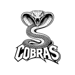 May include: A black and white graphic illustration of a cobra snake with its hood flared and mouth open, positioned above the word COBRAS written in a bold, angular, stylised font. The design features detailed scale patterns on the snake.