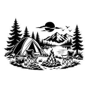 May include: A black and white graphic illustration of a campsite featuring a tent, two folding chairs, a campfire, a cooler, and a lantern. The scene includes pine trees, a lake, mountains, a full moon, and birds in the sky, all in a clean style.