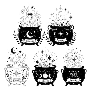 May include: A collection of five black and white illustrations featuring cauldrons with celestial motifs including stars, moons, and swirling smoke. Each cauldron displays a banner with the word Spooky. The designs incorporate botanical elements and pentagrams.