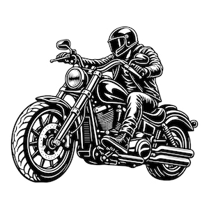 Może przedstawiać: Czarno-biała graficzna ilustracja motocyklisty w kasku integralnym i skórzanej kurtce, jadącego na motocyklu typu cruiser. Motocykl posiada duże przednie koło, zbiornik paliwa, silnik oraz podwójny układ wydechowy.