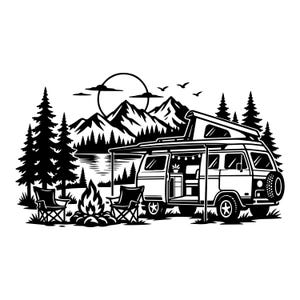 キャンピングカーSVG、バンライフPNG、山と湖の風景、ロードトリップアドベンチャー、キャンプギフト、Cricut Silhouetteカットファイル、即時ダウンロード