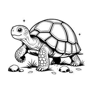 以下が含まれることがあります： 地面を歩くカメの白黒の線画イラスト。カメは模様のある甲羅、脚の質感のある皮膚、そして微笑んでいるような顔をしています。小さな岩、草の茂み、2つの四芒星が描かれています。