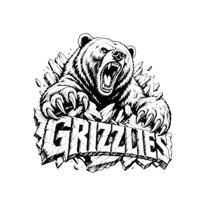May include: A black and white graphic illustration of a roaring grizzly bear with sharp claws, emerging from behind a cracked stone-like surface that features the word GRIZZLIES in bold, blocky, distressed capital letters.