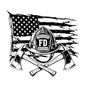 May include: A black and white graphic illustration featuring a distressed American flag in the background. In the foreground, a firefighter helmet with the text FIREFIGHTER FD BROTHERHOOD is positioned above two crossed axes with wooden handles.
