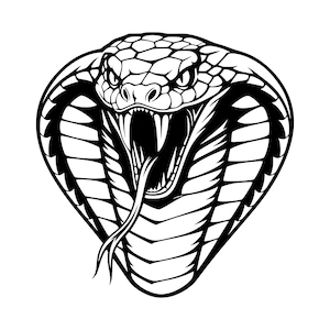 May include: A black and white graphic illustration of a cobra snake head with its hood flared wide. The snake has an open mouth showing sharp fangs and a forked tongue extending outward. The design features bold lines and detailed scale patterns.