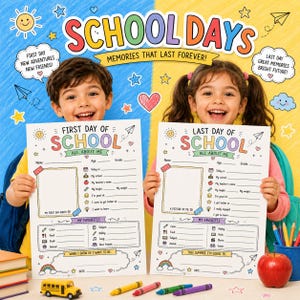 Puede incluir: Dos tableros de memoria escolar de papel blanco con ilustraciones y texto coloridos. Un tablero se titula First Day of School y el otro Last Day of School. Ambos incluyen secciones para nombre, edad, grado, favoritos y metas personales.