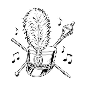 Puede incluir: Una ilustración gráfica en blanco y negro de un sombrero de banda de música con un gran penacho de plumas erguido, centrado con un emblema de lira. El sombrero está cruzado por un bastón y una maza, rodeado de notas musicales flotantes.