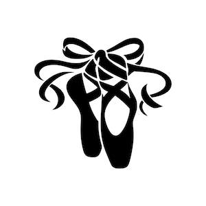 Könnte beinhalten: Eine schwarze Silhouette-Grafik eines Paares Ballettschuhe mit einer oben gebundenen Schleife. Das Design zeigt die Schuhe nebeneinander mit langen, fließenden Bändern, die sich von dem zentralen Knoten oberhalb der Schuhe nach außen erstrecken.