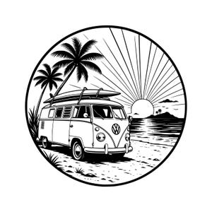 May include: A circular black and white graphic illustration featuring a vintage Volkswagen bus with a surfboard on its roof, parked on a sandy beach. Palm trees are visible on the left, with a sun rising over the ocean in the background.