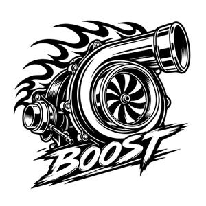 May include: A black and white graphic illustration of a turbocharger featuring a prominent turbine wheel and housing. Stylized flames extend from the rear of the unit, and the word BOOST is written in a bold, jagged font underneath the component.