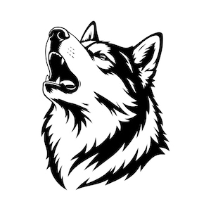 Op de afbeelding: Een contrastrijke zwart-wit grafische illustratie van een husky hondenkop in profiel. De hond is afgebeeld met de bek open in een huilende houding, met scherpe tanden en gedetailleerde vachtstructuren weergegeven in dikke, zwarte lijnen.