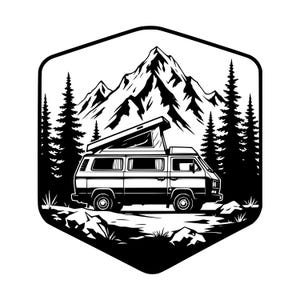 Husbil SVG PNG, bergskog emblem Clipart, Van Life Camping Design, RV Adventure Outdoor Cut-fil, digital nedladdning