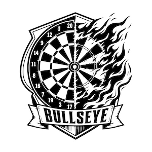 May include: A black and white graphic illustration of a dartboard featuring a shield-shaped border. The right side of the dartboard is engulfed in stylised flames. A banner at the bottom contains the text BULLSEYE in bold capital letters.