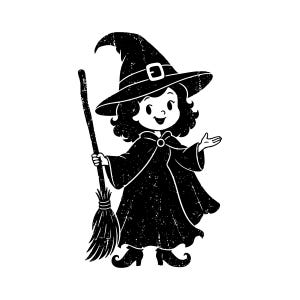 Può includere: Un'illustrazione grafica in bianco e nero di un personaggio dei cartoni animati che indossa un cappello a punta con fibbia e un lungo mantello. Il personaggio ha i capelli ricci, sorride e tiene in mano una lunga scopa mentre gesticola.