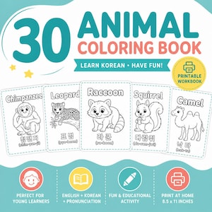Kawaii Animal Coloring Pages, Learn Hangul Vocabulary, Printable Animals Worksheet,  Activity Binder (Digital Download)