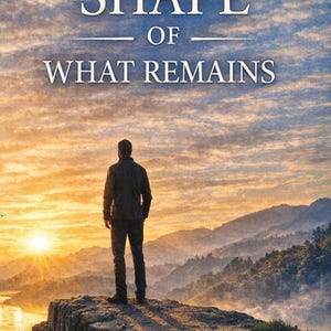 May include: A book cover titled THE SHAPE OF WHAT REMAINS by HEATH MEADOWS. It features a person standing on a rocky cliff overlooking a lake and mountains at sunset, with a golden sky and clouds above the landscape in a wide outdoor setting.