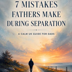 May include: A book cover titled 7 MISTAKES FATHERS MAKE DURING SEPARATION: A CALM UK GUIDE FOR DADS by Heath Meadows. The cover features a person walking down a path toward a sunset over a landscape with a fence, clouds, and a bright horizon.