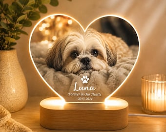 Custom Pet Memorial Acrylic Heart Night Light, Personalized LED Bedroom Decor Sign, Light Up Keepsake Gift for Loss of Dog or Cat