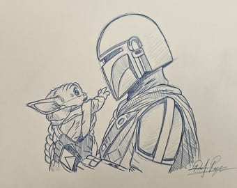 Disney Lucas Film Star Wars The Mandalorian and Grogu Character Drawing/Sketch signed art handmade/drawn gift customizable
