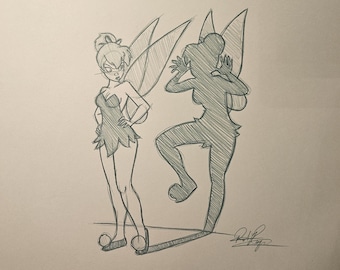 Disney Tinkerbell Angry Peter Pan  Animation Character Drawing/Sketch signed art handmade/drawn gift customizable