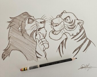 Disney Scar and Shere Khan Lion King Jungle Book Animation Character Drawing/Sketch signed art handmade/drawn gift customizable
