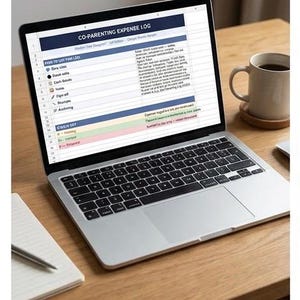 May include: A laptop displaying a spreadsheet titled "Co-Parenting Expense Log" sits on a wooden desk. A notepad with a pen and a mug of coffee are also on the desk. The laptop screen shows a detailed list with various categories.