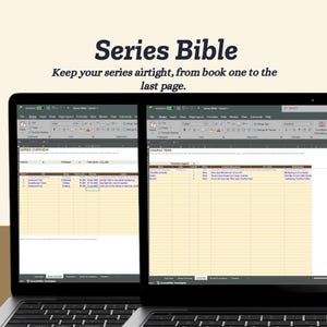 Könnte beinhalten: Eine digitale Tabellenkalkulationsvorlage mit dem Titel Series Bible, die auf zwei Laptop-Bildschirmen angezeigt wird. Das Dokument enthält organisierte Tabellen zur Nachverfolgung von Buchreihendetails, einschließlich Spalten für den Überblick.