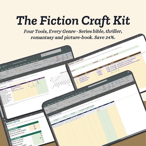 May include: The Fiction Craft Kit digital spreadsheet collection features four distinct tools for writers. The screens display organized tables for series overviews, book setup, and plot tension, with text headers including The Fiction Craft Kit.