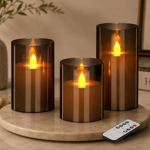 3pc Smoky Gray Flameless Pillar Candles , Shatterproof Acrylic Glass LED Lights, Battery Flickering Faux Pillars with 8-Key Remote & Timer