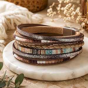 Bohemian Stacked Leather Cuff Bracelet, Multi-Strand Neutral Beaded Wrap Women Bracelet, Western Style Magnetic Clasp Holiday Jewelry Gift