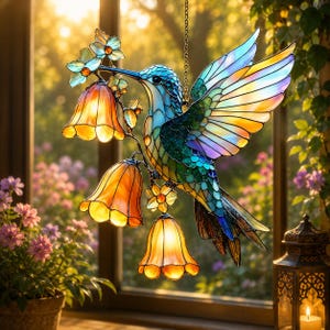May include: A stained glass suncatcher featuring a hummingbird with blue, green, and yellow wings. The bird is perched on a branch with four orange bell-shaped flowers and small blue blossoms, suspended by a metal chain against a window.