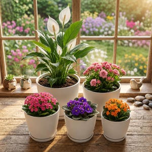 Set of 5 Minimalist White Planters with Saucers, Nested Polypropylene Nursery Pots with Drainage Plugs,  Modern Indoor Desk and Window Decor