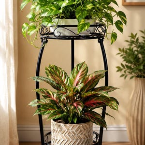 2-Tier Wrought Iron Plant Stand, 25" Tall Round Metal Flower Pot Holder, Heavy Duty  Corner Tiered Display Shelf for Balcony and Patio Decor