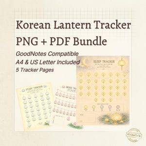 May include: A bundle of printable Korean lantern trackers in PNG and PDF formats. The design includes sleep, study, and mood trackers, compatible with GoodNotes. Includes A4 and US Letter sizes, with 5 tracker pages.