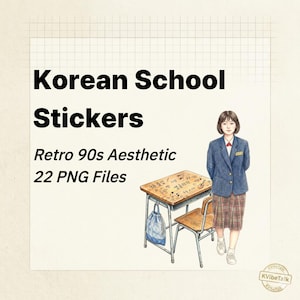 May include: Illustration of a Korean schoolgirl in a blue blazer and plaid skirt, standing next to a school desk and chair. The desk has Korean writing on it. Text reads "Korean School Stickers, Retro 90s Aesthetic, 22 PNG Files."