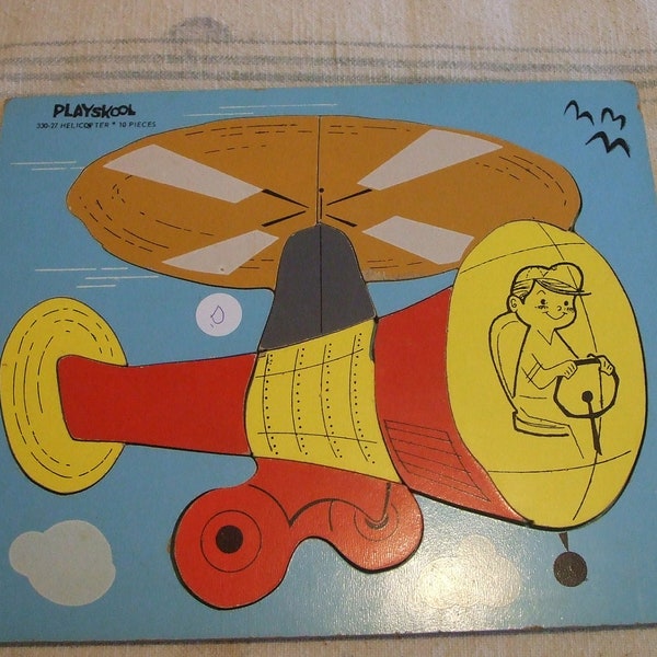 Vintage Playskool Child's Wooden Puzzle Helicopter 10 Pieces Kid's Toy