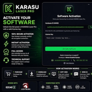 May include: Dark green graphic with the text "KARASU LASER PRO" and "ACTIVATE YOUR SOFTWARE". The image shows a software activation screen with fields for Hardware ID and License Key. Additional details include delivery and support information.
