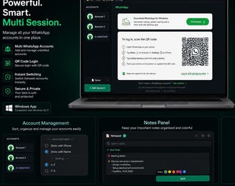 May include: A dark green promotional graphic for ChatDock, a multi-session messenger app. The image features a laptop displaying the app's interface, along with icons and text highlighting features like multi-account management, QR code login, and instant switching.