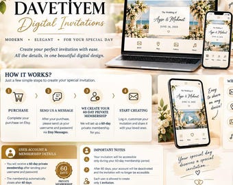 May include: A digital marketing graphic for Davetiyem Digital Invitations featuring a laptop and smartphone displaying wedding invitation templates, with text explaining the purchase process, customization options, and membership details.