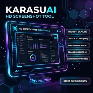 Puede incluir: Un gráfico digital para la herramienta de captura de pantalla KarasuAI HD con un monitor de contorno de neón brillante que muestra una interfaz de panel con gráficos y el texto HD SCREENSHOT IN PROGRESS, botones y START CAPTURING NOW.